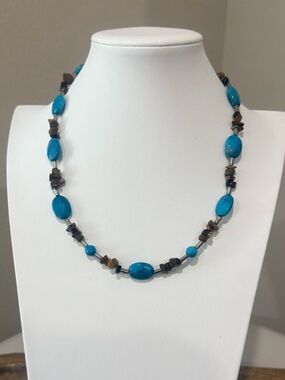 Turquoise Beaded Necklace with Brown Accents - Sterling Silver Clasp